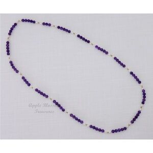 Handmade Natural Amethyst, Freshwater Pearl & Gold Bead 30” Long Estate Necklace